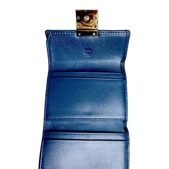 NWOT Auth MCM Veritas Trifold Small Monogram Logo Blue Snap Closure Mini Wallet - Picture 6 of 9